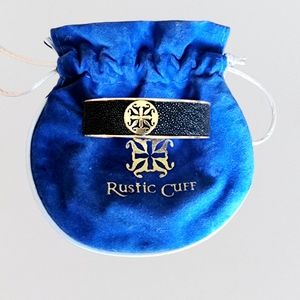 Rustic Cuff Black Encrusted Gold Tone Chunky Bracelet w/Bag